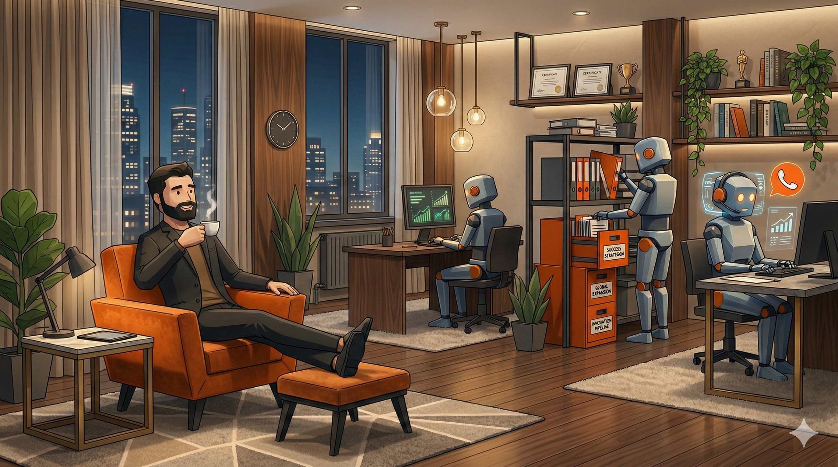 Relaxed business owner while AI agents handle work in the background